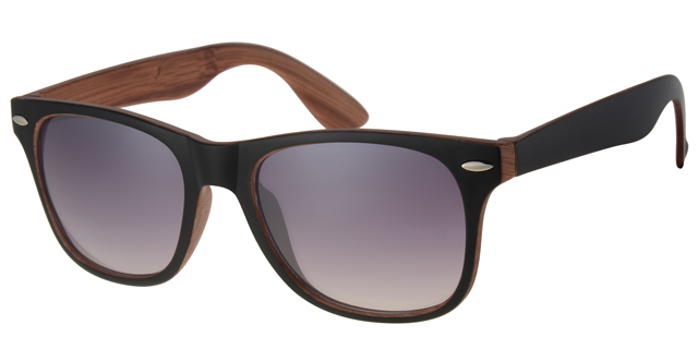 Sunglasses black with wood look backing wayfarer model with silver decoration and graduated black lenses