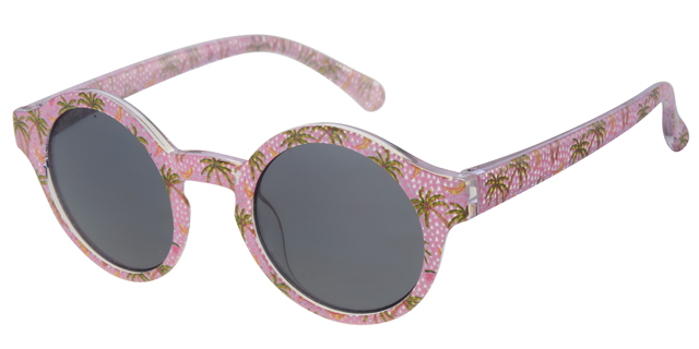 Børne Solbrille pink med palme print og sorte glas