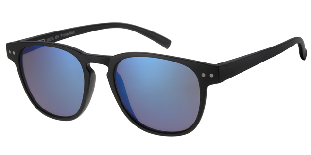 Sunglass matt black with silver decoration and solid black lenses with blue revo